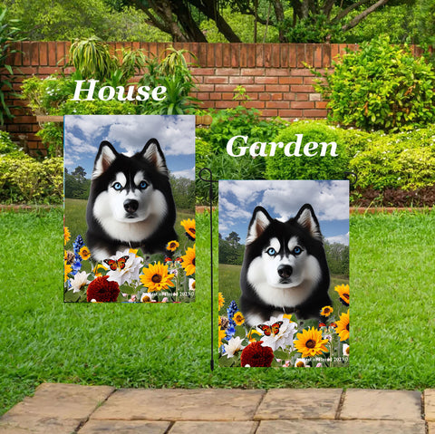 Siberian Husky Black/White Blue Eyes -  Best of Breed  Summer Fields Outdoor House and Garden Flag