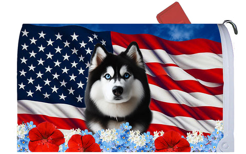 Siberian Husky Black/White Blue Eyes -  Best of Breed Patriotic Mailbox Cover Hi-Grade Vinyl 6" x 19"