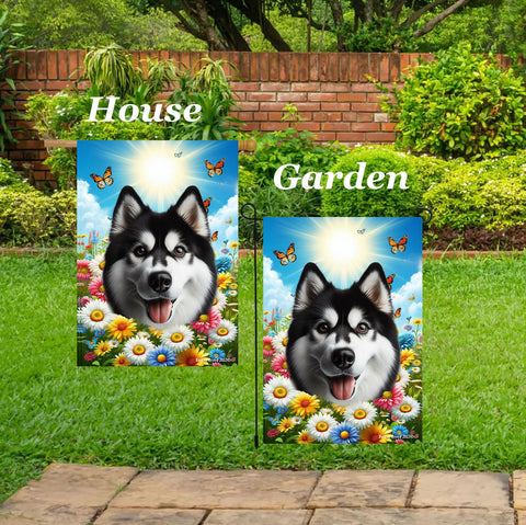 Siberian Husky Black/White - Best of Breed  Summer Butterflies Outdoor House and Garden Flag