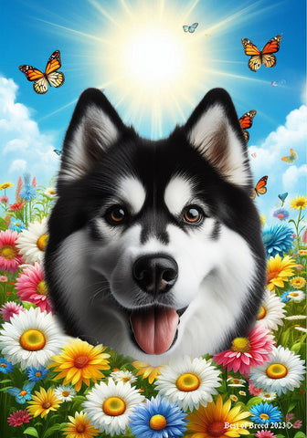 Siberian Husky Black/White - Best of Breed  Summer Butterflies Outdoor House and Garden Flag