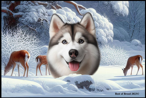 Siberian Husky Grey Blue Eyes - Best of Breed Winter Wonderland Floor Mat Tufted Loop 18" x 27"