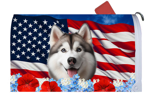 Siberian Husky Grey Blue Eyes - Best of Breed Patriotic Mailbox Cover Hi-Grade Vinyl 6" x 19"