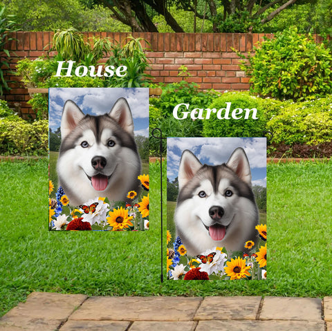 Siberian Husky Grey Blue Eyes - Best of Breed  Summer Fields Outdoor House and Garden Flag