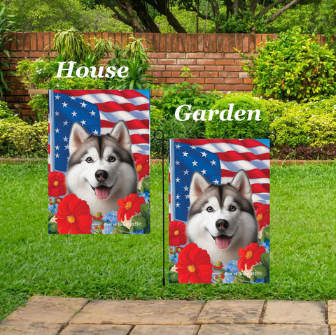 Siberian Husky Grey Blue Eyes - Best of Breed  Patriotic I All-American Outdoor House and Garden Flag