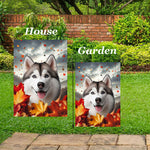 Siberian Husky Grey Blue Eyes - Best of Breed  Fall Leaves Outdoor House and Garden Flag