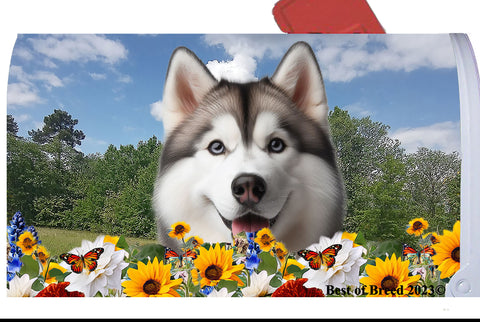 Siberian Husky Grey Blue Eyes - Best of Breed Summer Flowers Mailbox Cover Hi-Grade Vinyl 6" x 19"