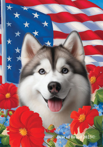 Siberian Husky Grey Blue Eyes - Best of Breed  Patriotic I All-American Outdoor House and Garden Flag