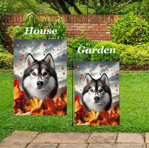 Siberian Husky Grey - Best of Breed  Fall Leaves Outdoor House and Garden Flag