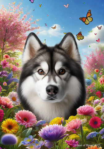 Siberian Husky Grey - Best of Breed  Spring Butterflies Outdoor House and Garden Flag