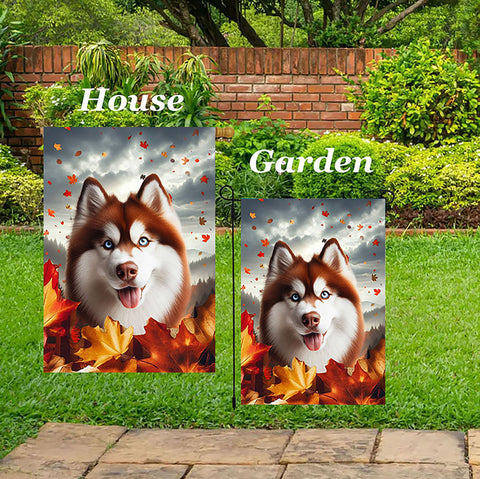 Siberian Husky Red Blue Eyes -  Best of Breed  Fall Leaves Outdoor House and Garden Flag