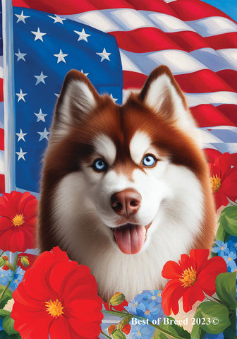 Siberian Husky Red Blue Eyes -  Best of Breed  Patriotic I All-American Outdoor House and Garden Flag