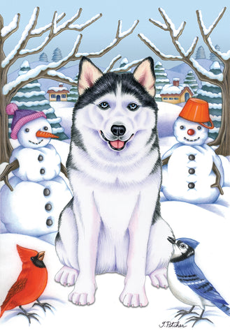 Siberian Husky Black/White- Best of Breed Tomoyo Pitcher Winter Snowman Garden Flag 12" x 17"