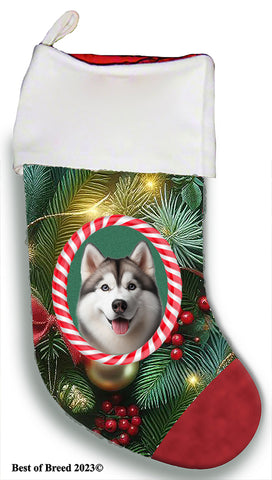 Siberian Husky Grey Blue Eyes - Best of Breed  Christmas Stocking 13.5"  Red Gaming Cloth with Red Lining ,Plush White Cuff