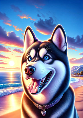Siberian Husky Black/White Blue/Eyes - Best of Breed DCR Summer Sunset Outdoor House and Garden Flag