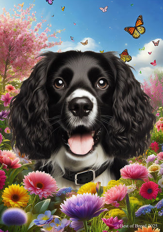 Springer Spaniel B/W - Best of Breed  Spring Butterflies Outdoor House and Garden Flag