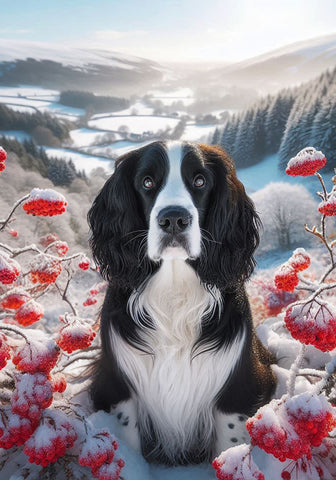 Springer Spaniel Black White - Best of Breed DCR Winter Berries Outdoor House and Garden Flag