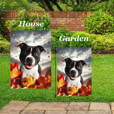Staffordshire Bull Terrier Black/White - Best of Breed  Fall Leaves Outdoor House and Garden Flag
