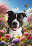 Staffordshire Bull Terrier Black/White - Best of Breed  Spring Butterflies Outdoor House and Garden Flag