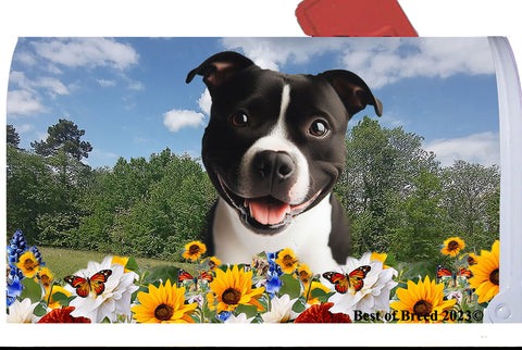 Staffordshire Bull Terrier Black/White - Best of Breed Summer Flowers Mailbox Cover Hi-Grade Vinyl 6" x 19"