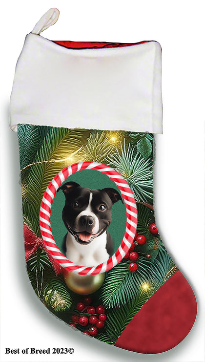 Staffordshire Bull Terrier Black/White - Best of Breed  Christmas Stocking 13.5"  Red Gaming Cloth with Red Lining ,Plush White Cuff