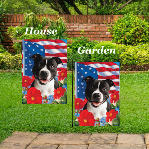 Staffordshire Bull Terrier Black/White - Best of Breed  Patriotic I All-American Outdoor House and Garden Flag