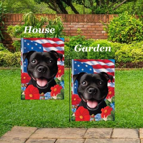 Staffordshire Bull Terrier Black - Best of Breed  Patriotic I All-American Outdoor House and Garden Flag