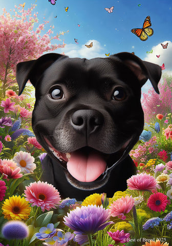 Staffordshire Bull Terrier Black - Best of Breed  Spring Butterflies Outdoor House and Garden Flag