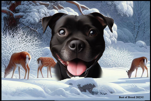 Staffordshire Bull Terrier Black - Best of Breed Winter Wonderland Floor Mat Tufted Loop 18" x 27"