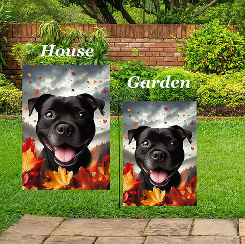 Staffordshire Bull Terrier Black - Best of Breed  Fall Leaves Outdoor House and Garden Flag
