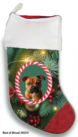 Staffordshire Bull Terrier Orange -  Best of Breed  Christmas Stocking 13.5"  Red Gaming Cloth with Red Lining ,Plush White Cuff