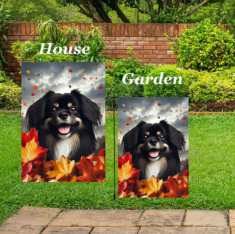 Tibetan Spaniel Black/White -  Best of Breed  Fall Leaves Outdoor House and Garden Flag