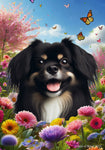 Tibetan Spaniel Black/White -  Best of Breed  Spring Butterflies Outdoor House and Garden Flag