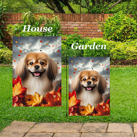 Tibetan Spaniel Fawn -  Best of Breed  Fall Leaves Outdoor House and Garden Flag
