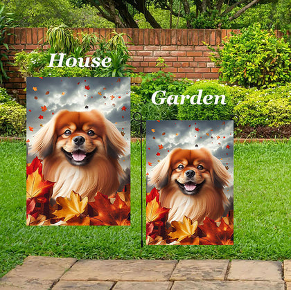 Tibetan Spaniel Red -  Best of Breed  Fall Leaves Outdoor House and Garden Flag