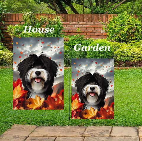 Tibetan Terrier Black/White -  Best of Breed  Fall Leaves Outdoor House and Garden Flag