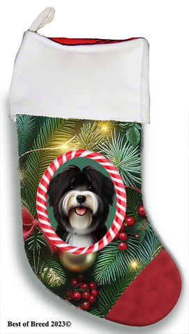 Tibetan Terrier Black/White -  Best of Breed  Christmas Stocking 13.5"  Red Gaming Cloth with Red Lining ,Plush White Cuff