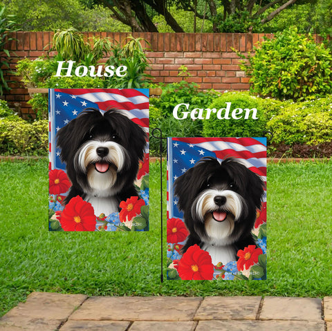 Tibetan Terrier Black/White -  Best of Breed  Patriotic I All-American Outdoor House and Garden Flag