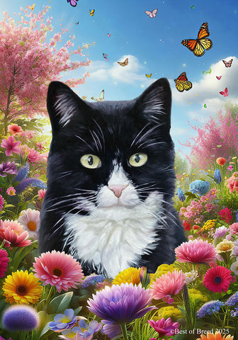 Tuxedo Cat - Best of Breed  Spring Butterflies Outdoor House and Garden Flag