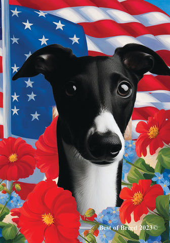 Whippet Black/White- Best of Breed  Patriotic I All-American Outdoor House and Garden Flag