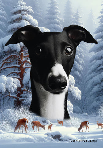 Whippet Black/White- Best of Breed  Winter Wonderland Outdoor House and Garden Flag