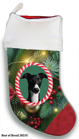 Whippet Black/White- Best of Breed  Christmas Stocking 13.5"  Red Gaming Cloth with Red Lining ,Plush White Cuff