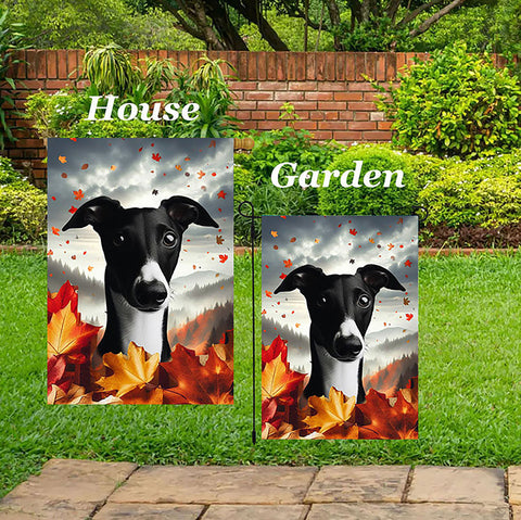 Whippet Black/White- Best of Breed  Fall Leaves Outdoor House and Garden Flag