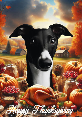 Whippet Black/White- Best of Breed  Thanksgiving Outdoor House and Garden Flag