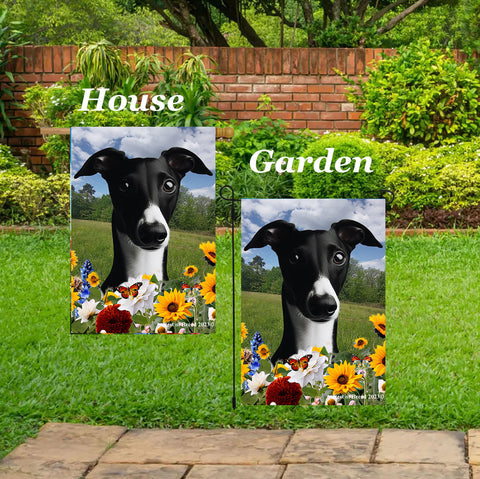Whippet Black/White- Best of Breed  Summer Fields Outdoor House and Garden Flag