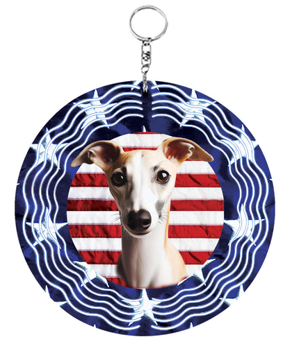 Whippet Fawn/White- Best of Breed  Stars and Stripes Aluminum 10" Wind Spinner