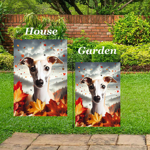 Whippet Fawn/White- Best of Breed  Fall Leaves Outdoor House and Garden Flag