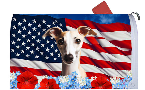 Whippet Fawn/White- Best of Breed Patriotic Mailbox Cover Hi-Grade Vinyl 6" x 19"