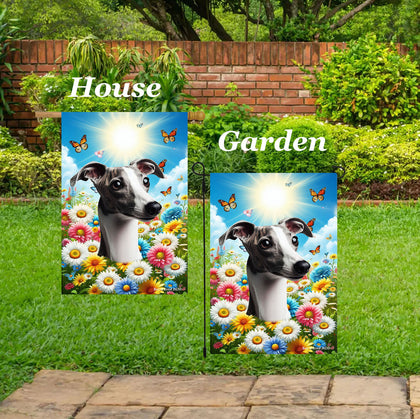 Whippet Grey/White- Best of Breed  Summer Butterflies Outdoor House and Garden Flag