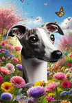 Whippet Grey/White- Best of Breed  Spring Butterflies Outdoor House and Garden Flag