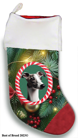 Whippet Grey/White- Best of Breed  Christmas Stocking 13.5"  Red Gaming Cloth with Red Lining ,Plush White Cuff